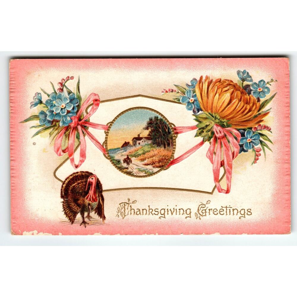 Vintage 1911 Thanksgiving Lithograph Postcard with Turkey & Flowers